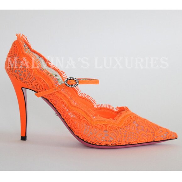 GUCCI SHOES VIRGINIA CORDED LACE MARY JANE POINTY PUMPS CRYSTAL sz 37 6.5 US - Picture 4 of 14